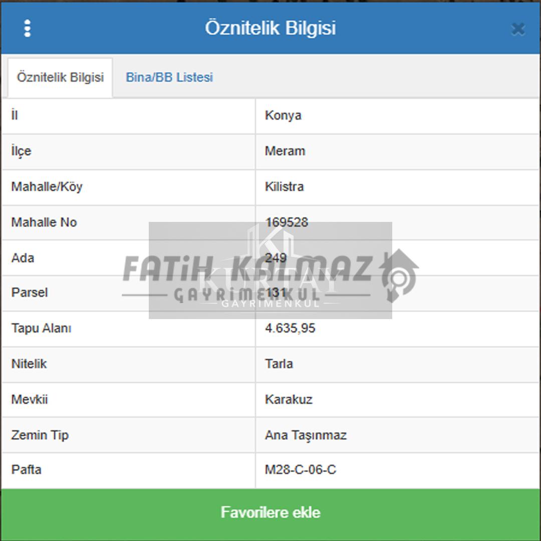 Meram Kilistra'da Satılık Tarla - Müstakil Tapu - 4.635 M2