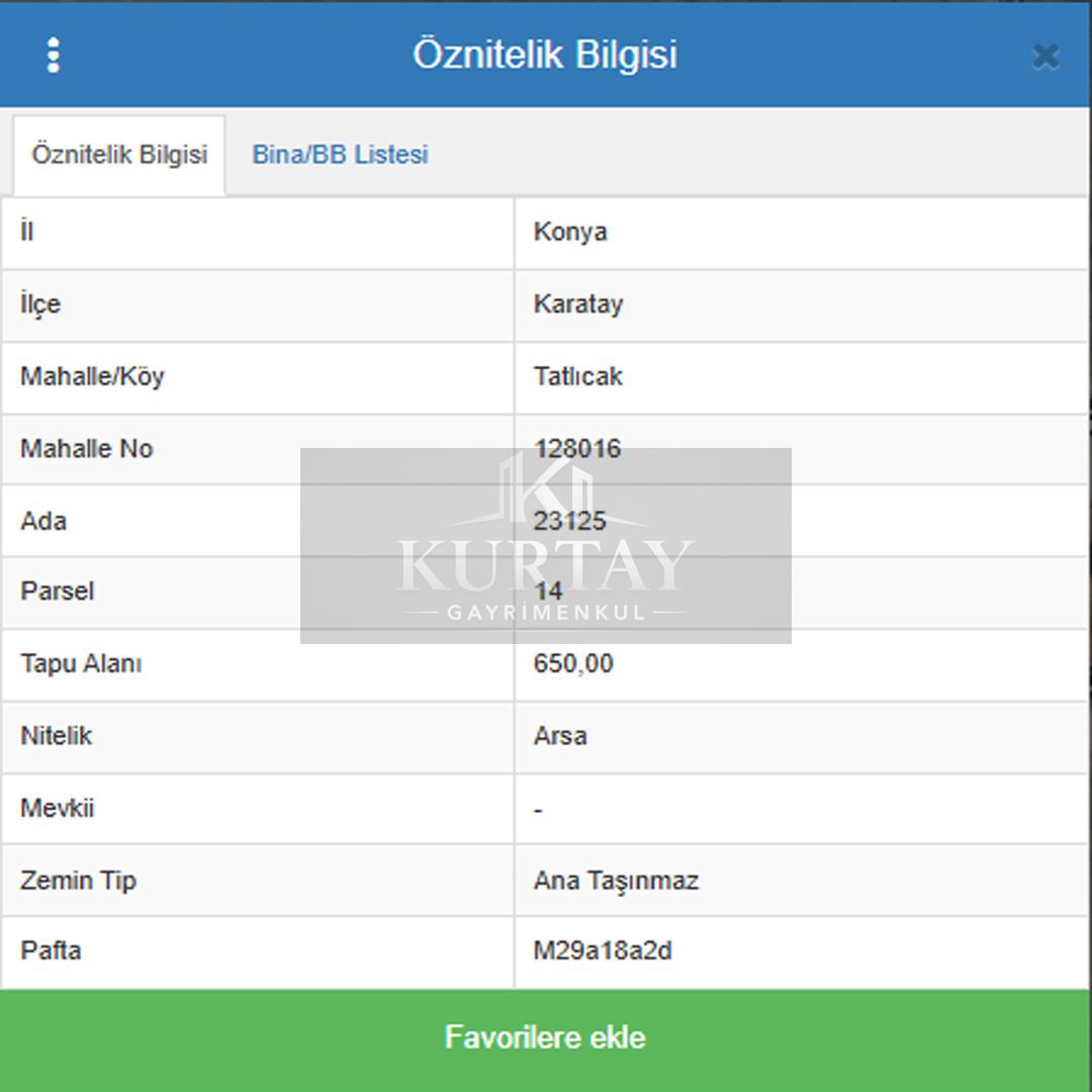 Karatay Başak'da Satılık Arsa - Müstakil - 650 M2